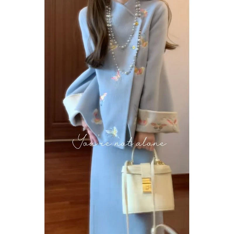 【紫葡萄】新中式国风刺绣外套毛呢大衣双面穿开衫配显瘦半身裙套装