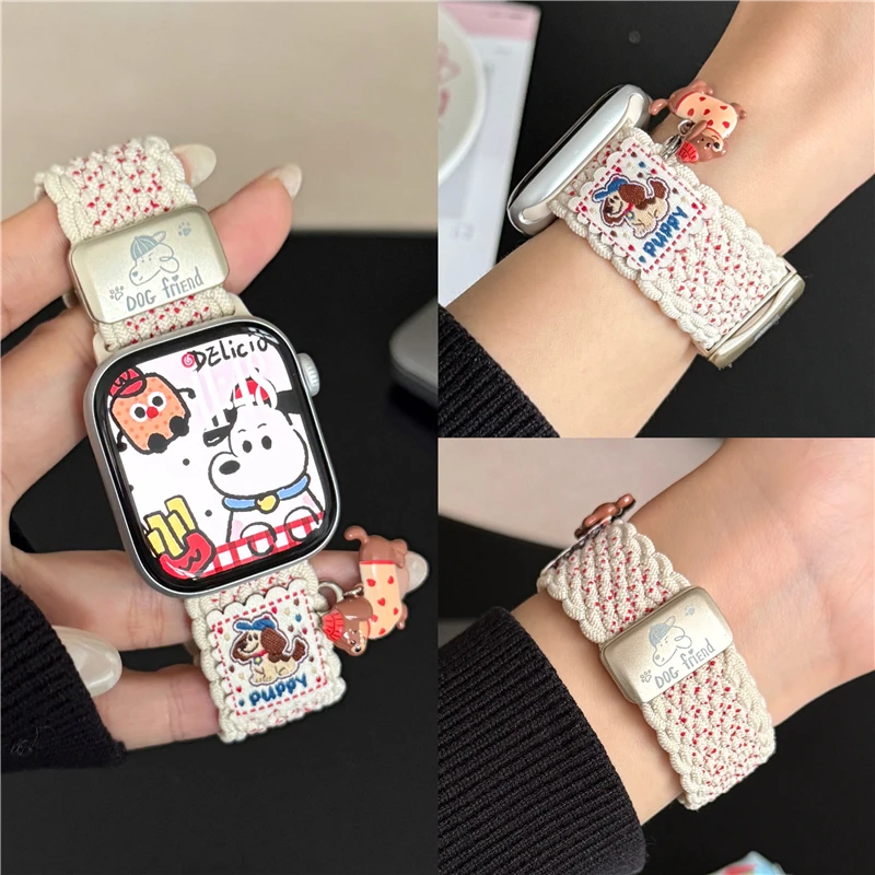 卡通腊肠狗猫咪挂坠适用苹果iwatchs10表带编织磁吸s9876se手表带