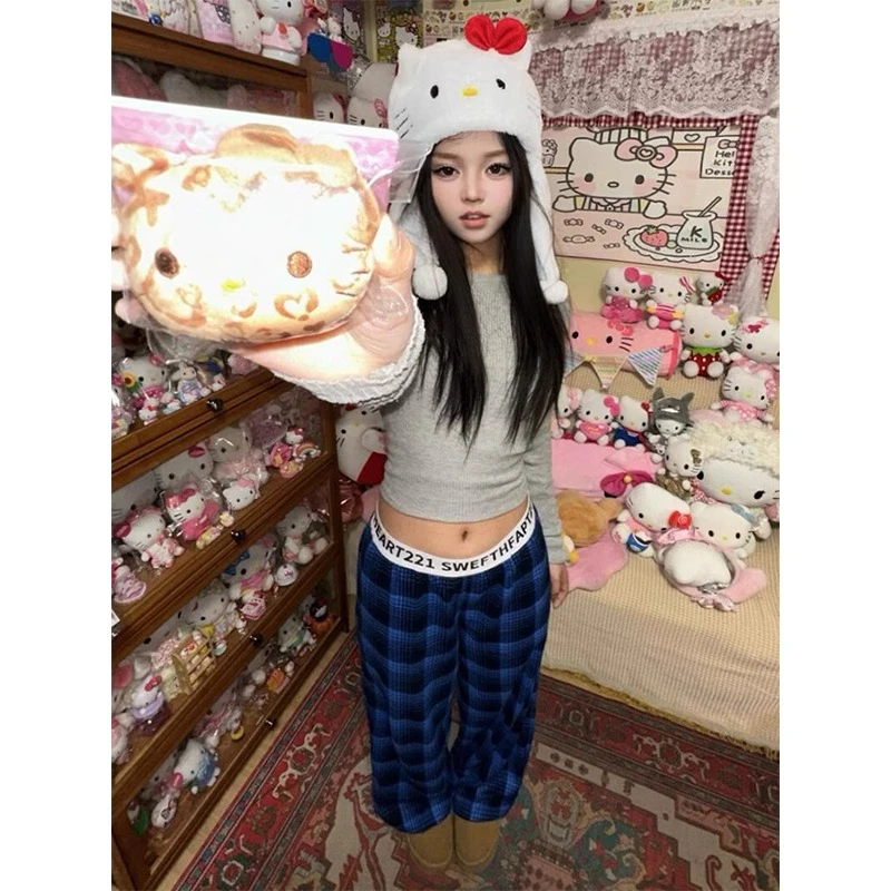 美式复古格纹休闲裤女春季字母腰带拼接阔腿裤宽松垂感直筒拖地裤