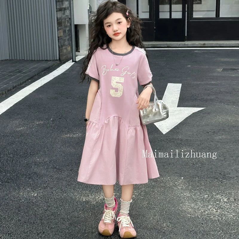 儿童连衣裙夏款2025新款学院风洋气中大童拼接蕾丝印花韩版A字裙