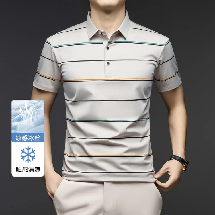 【Polo衫条纹夏季】男装2025年新款冰丝夏季翻领半袖高档男士透气