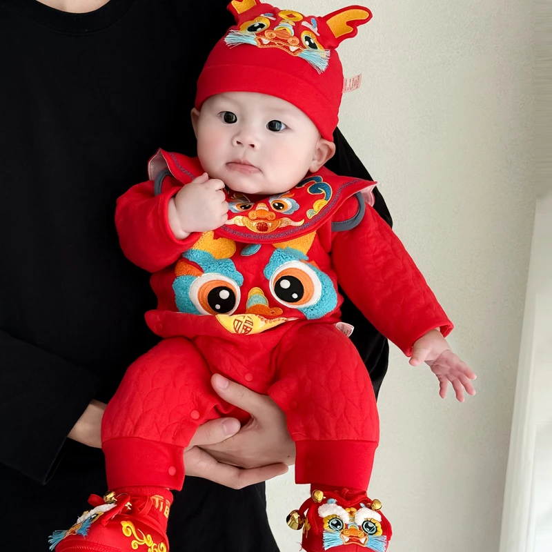 婴儿连体衣中国风红色薄棉保暖满月百岁宴生日周岁服拜年服5378