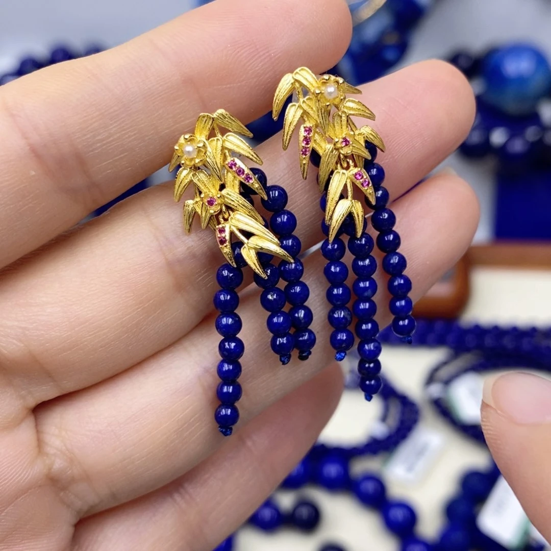 青金石耳饰银S925镀金镶嵌不退换