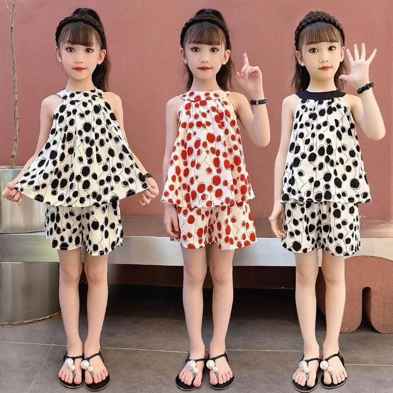 清凉一夏女童波点挂脖无袖透气套装夏季中小童洋气潮牌童装