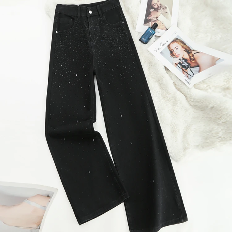 39黑色直筒牛仔裤女2024爆款高个子窄版阔腿高腰宽松烫砖裤子