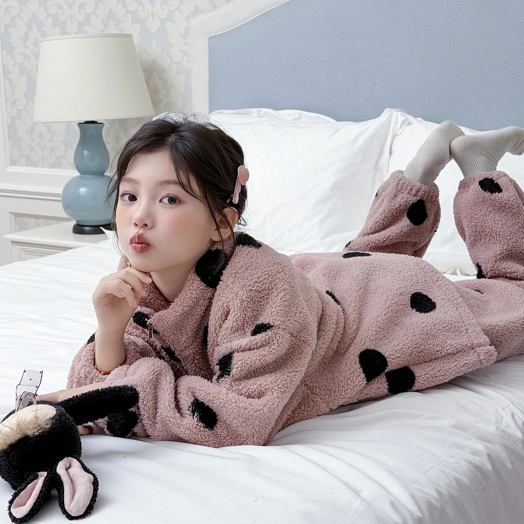 女童加厚半边绒睡衣2025新款初中生冬装韩版家居服儿童超好看套装