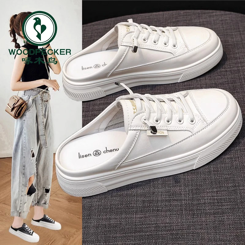 啄木鸟包头半拖女外穿时尚平厚底2025春夏新款百搭休闲小白板鞋子