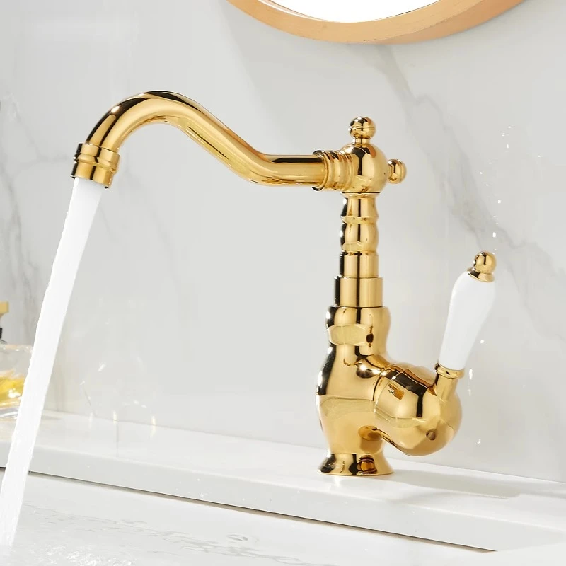 法式复古水龙头全铜面盆洗手盆龙头卫生间金色陶瓷把手冷热水头