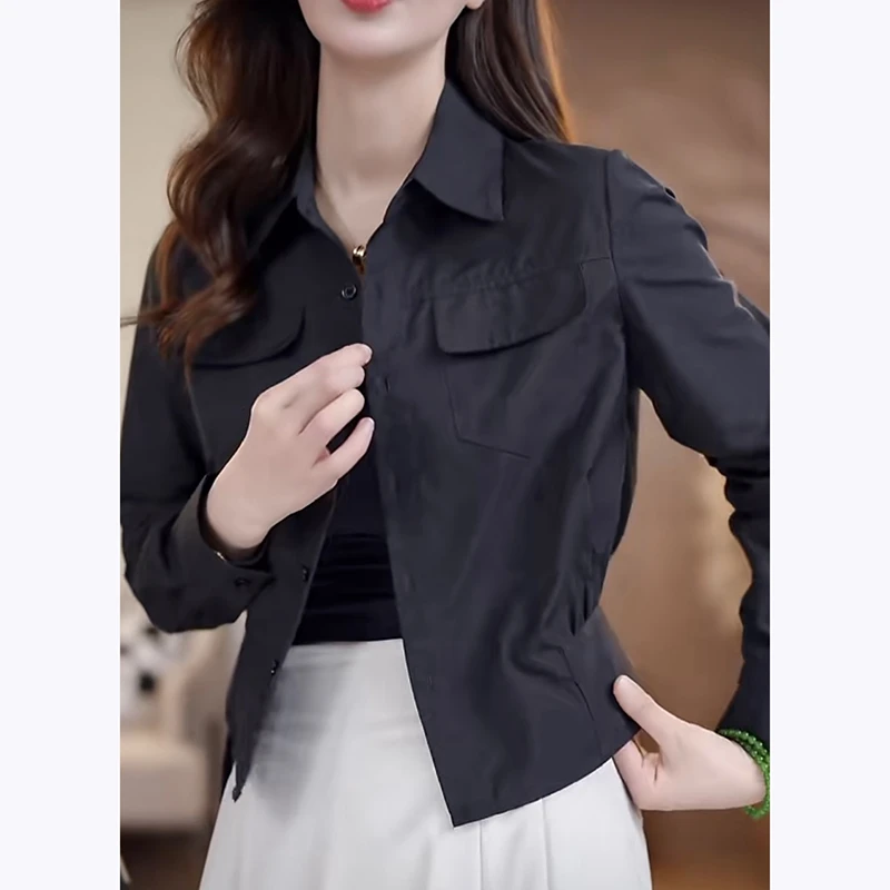 春季纯欲风OL风纯色短款母亲衬衫翻领百搭外套气质黑色女装衬衣