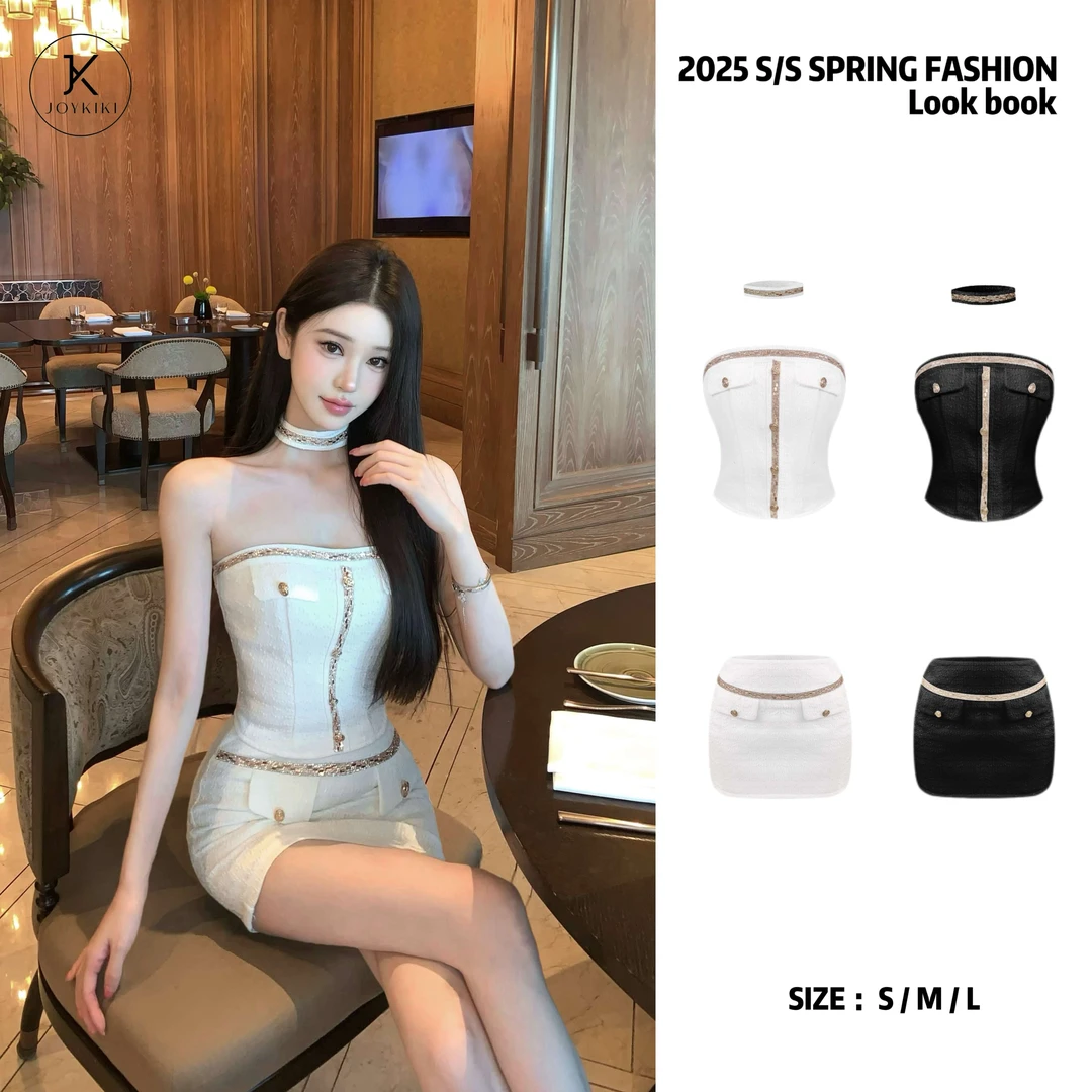 JOY KIKI金金【奢贵小巴】法式小香风名媛抹胸包臀半裙套装J25A337