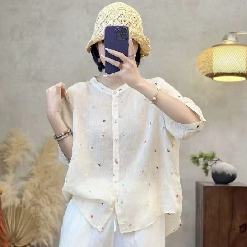【100苎麻】夏季显瘦女士刺绣衬衫休闲衬衣气质休闲百搭HG-7109
