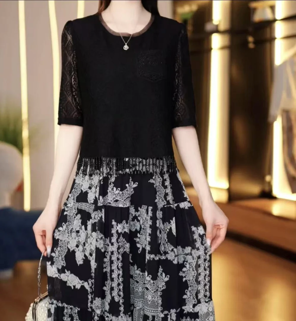 高级感短袖蕾丝上衣搭配半身裙时尚显瘦气质女士套装