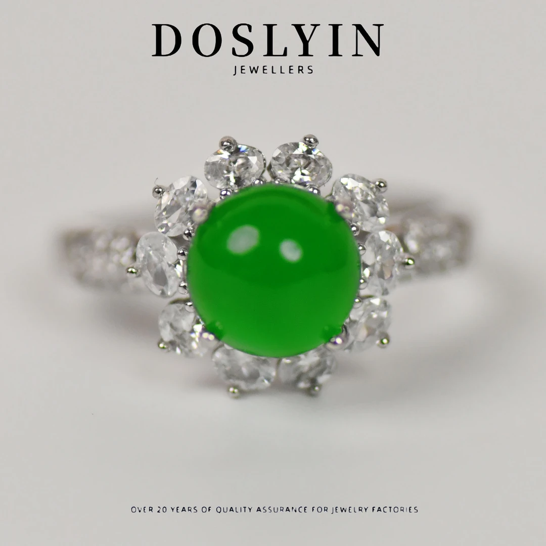 YS001*S925银镶天然玉髓满绿蛋面开口戒