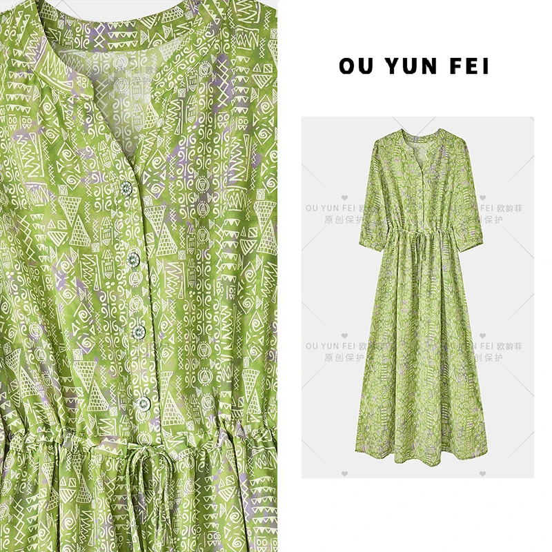 印花夏季显瘦长裙工装风女装复古叠襟连衣裙时尚收腰HZ1112