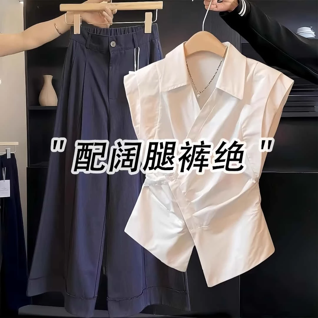 法式Polo领衬衫小飞袖衬衫女2025新款夏季绑带收腰设计感无袖上衣