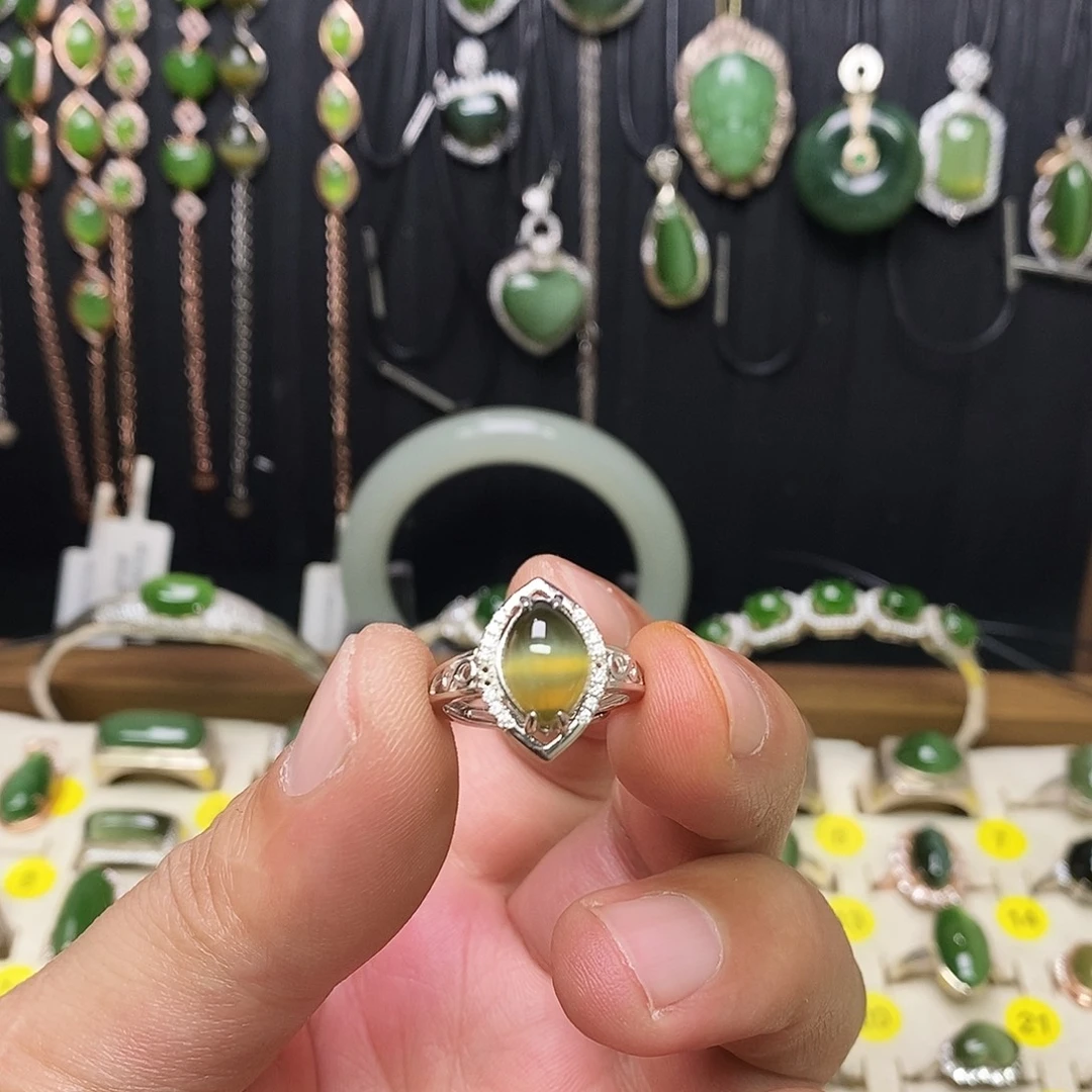 ◇***爹和田玉（碧玉）银S925镶嵌戒指