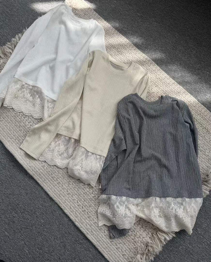 【百搭蕾丝T】叠穿白色圆领蕾丝拼接长袖女T恤打底衫