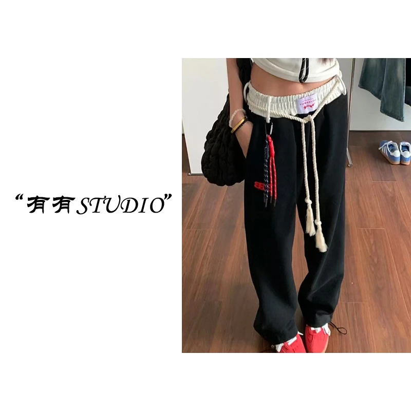 有有-[美式嘻哈裤]韩国单！加绒加厚款休闲宽松美式撞色休闲裤
