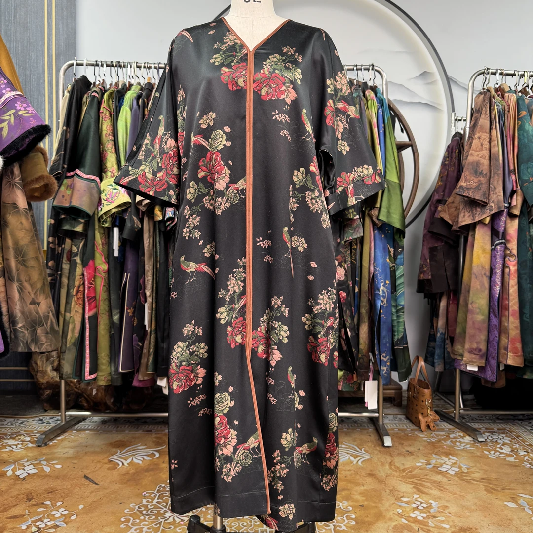 60姆米黑色玫瑰喜上枝头连衣裙100桑蚕丝款香云纱