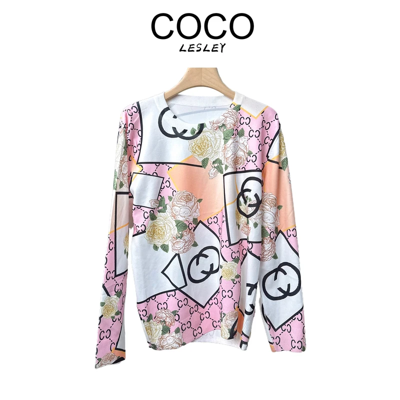 【COCO LESLEY】仿天丝花卉老花印花图案长袖针织衫时尚圆领套头