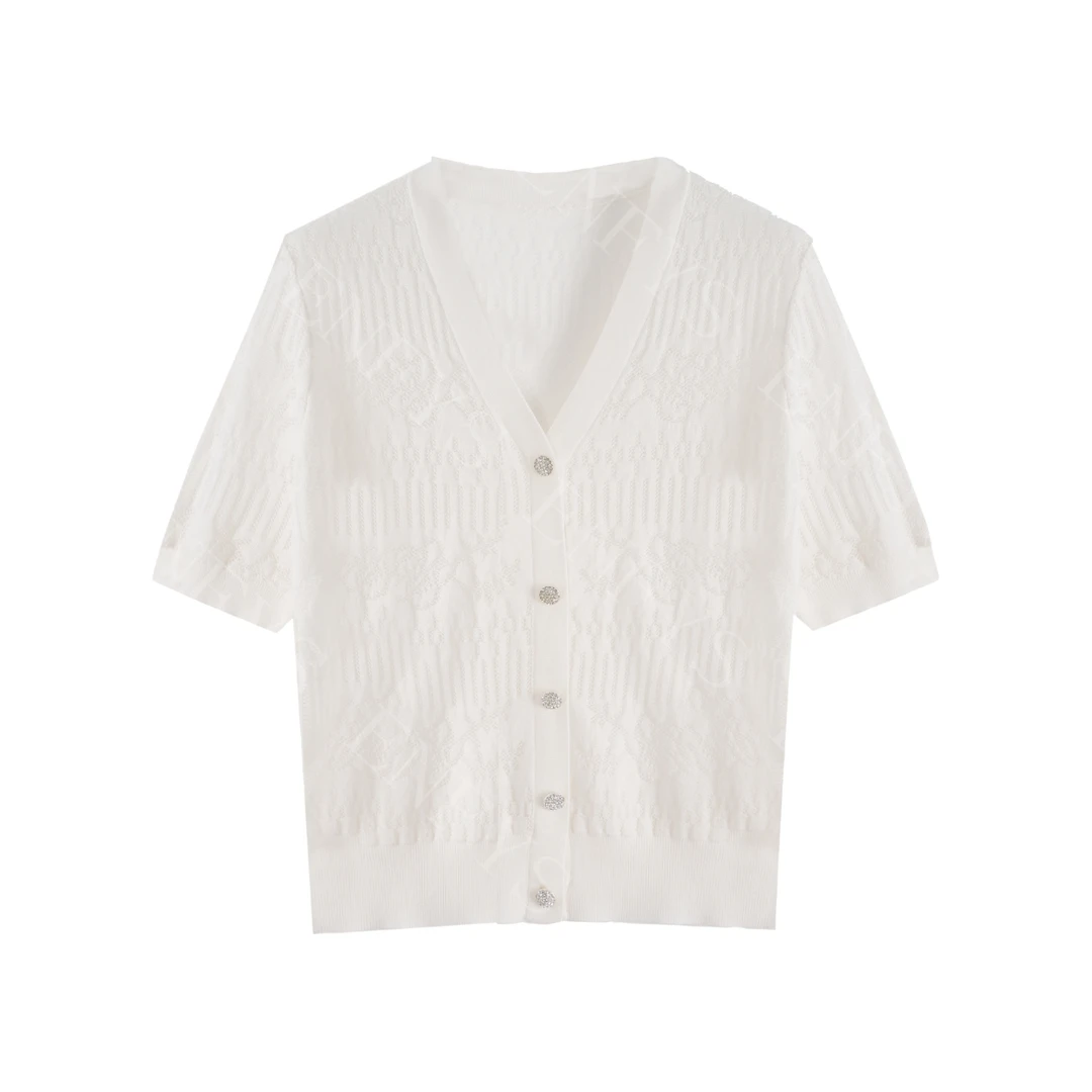 【双姐】薄款丝棉提花V领短袖针织衫女夏季减龄上衣8501
