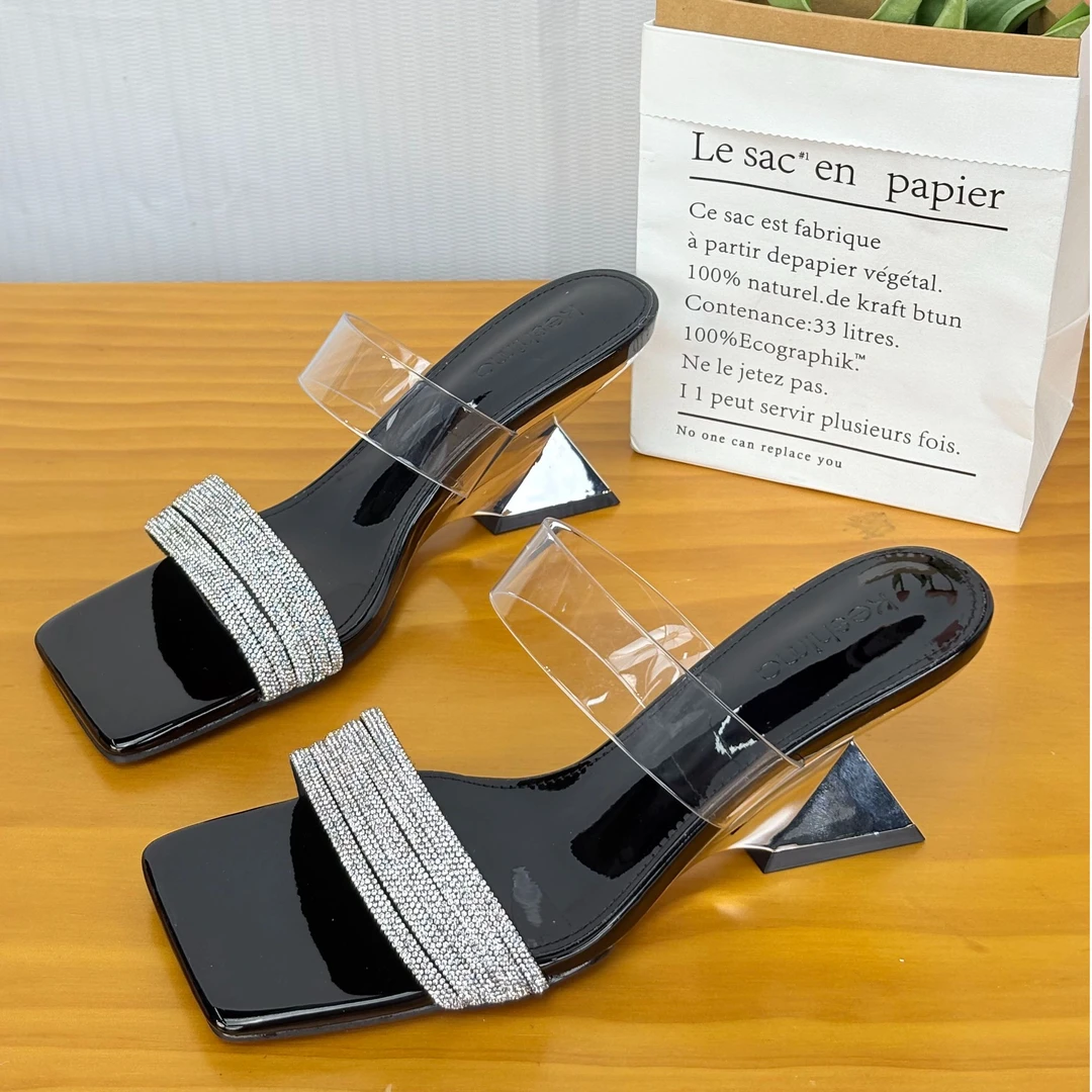 厚款水钻高跟防臭凉拖鞋低跟一字拖中跟方头外穿夏季增高粗跟时尚