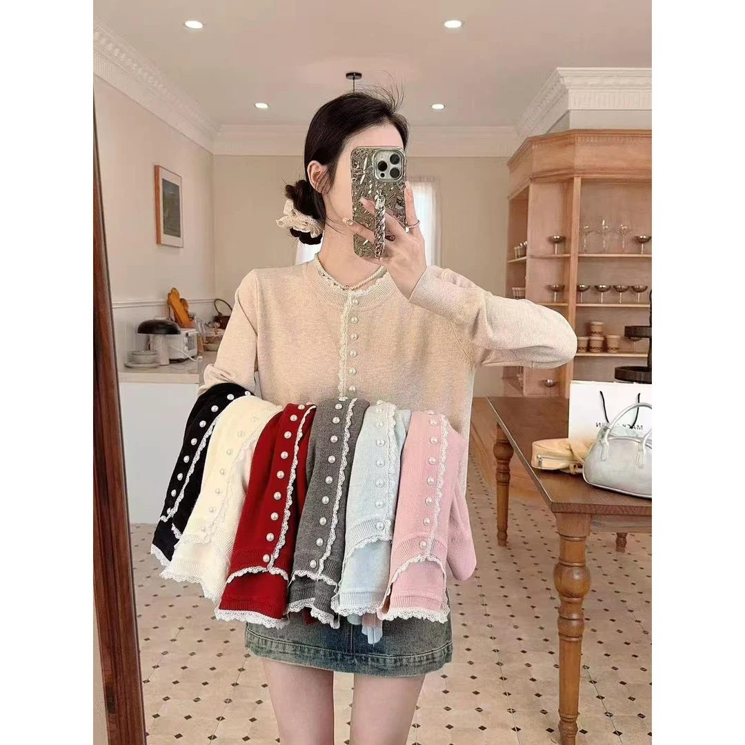甜美2025年春装新款蕾丝花边钉珠长袖针织衫女显瘦独特别致上衣潮