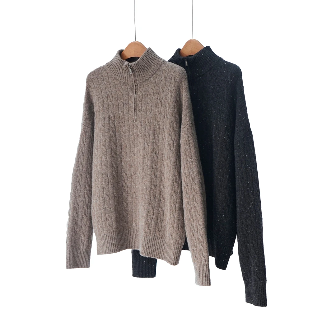 【YS12423】t*row极简老钱风半拉链复古绞花100%羊毛套头针织衫女