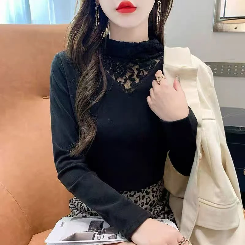 9091秋冬新款德绒蕾丝半高领打底上衣女时尚内搭