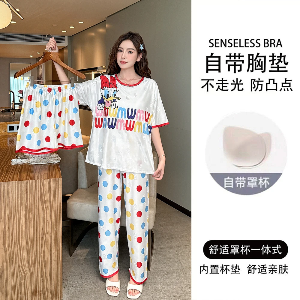 带胸垫夏季提花冰丝睡衣女短袖薄款三件套宽松卡通家居服套装夏天
