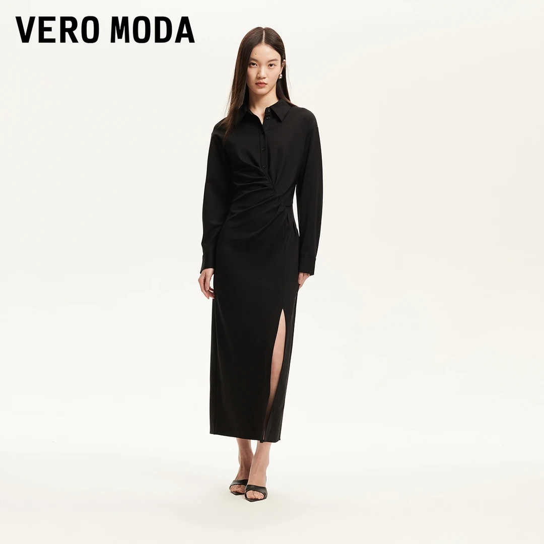 Couture Made连衣裙女早秋新款捏褶通勤小黑裙简约32437C015