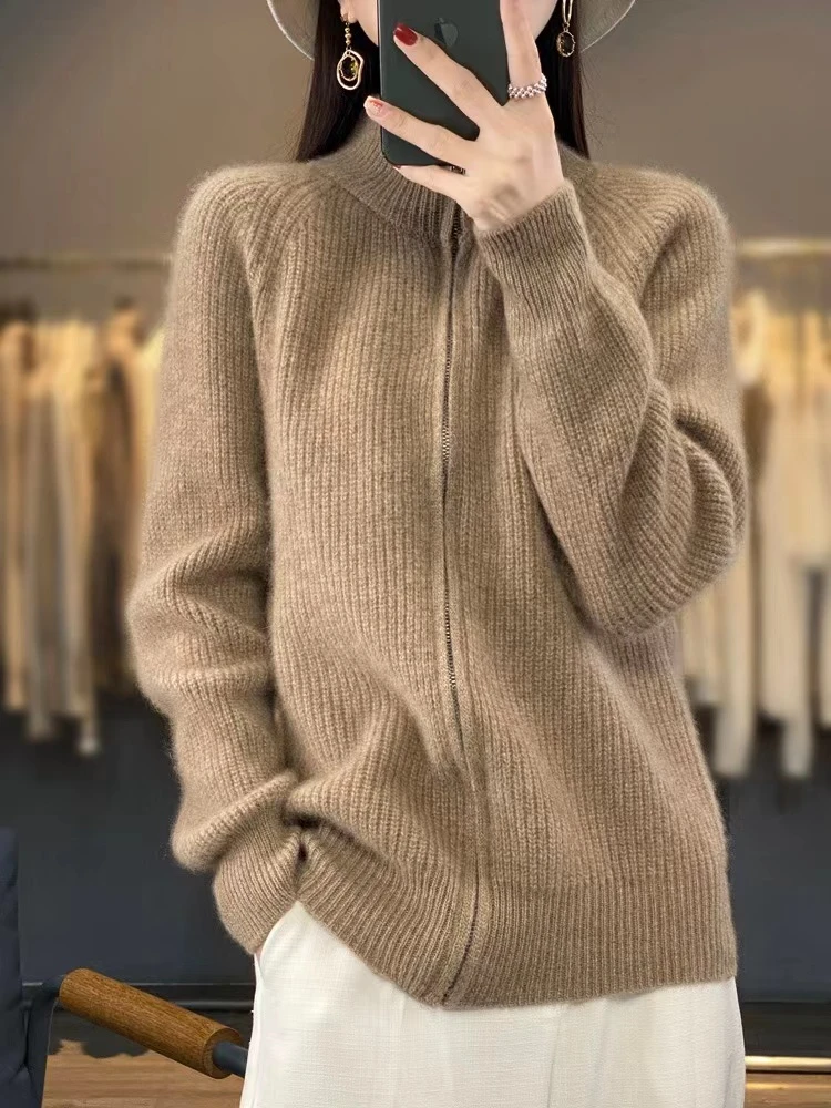 高端加厚拉链开衫长袖秋冬休闲纯色纯羊毛衫NJR858