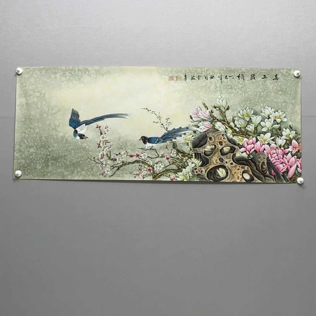 国画横幅四尺对开工笔花鸟贾敏