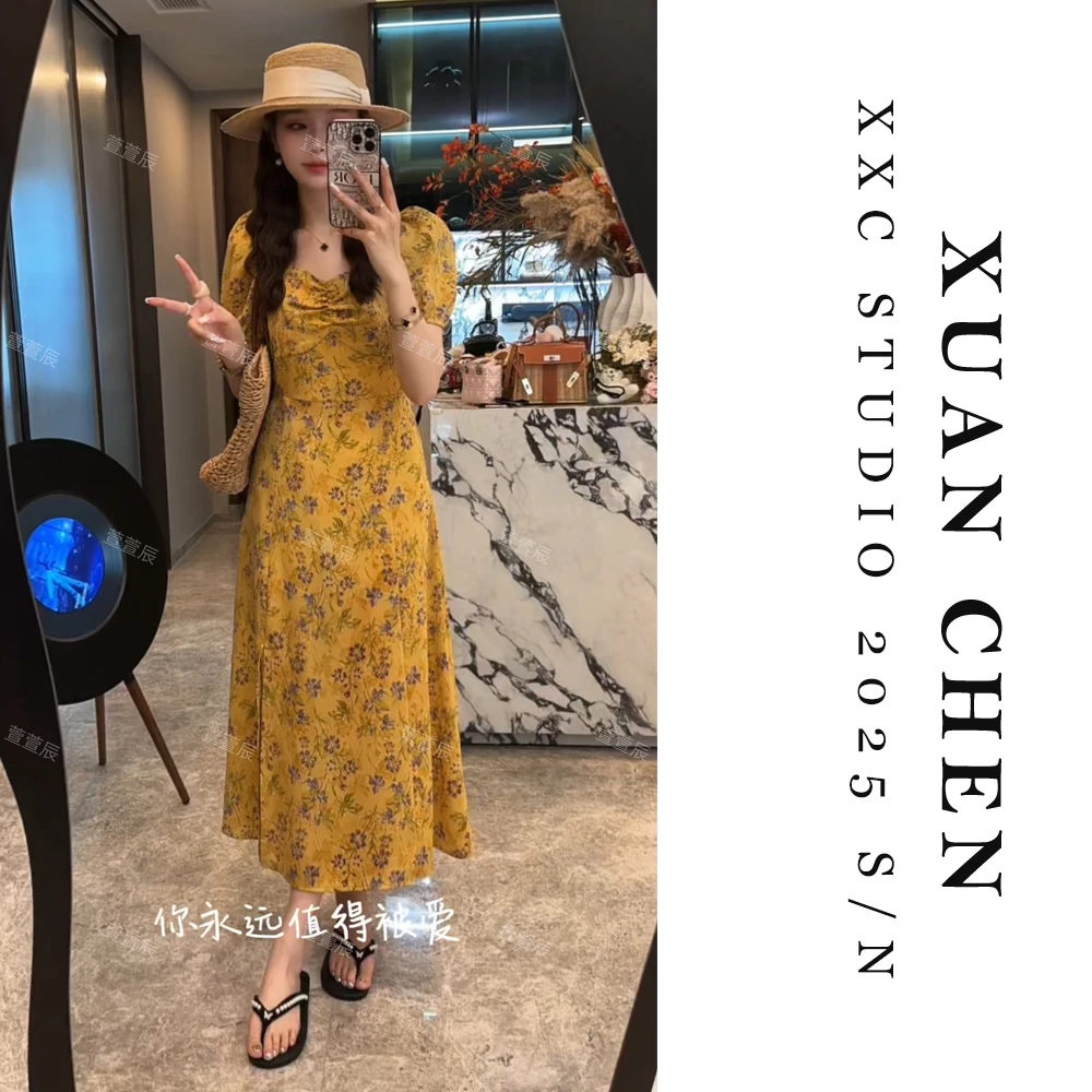 【缪斯之语】法式优雅风碎花裙千金贵气名媛风女装中长款连衣裙8571