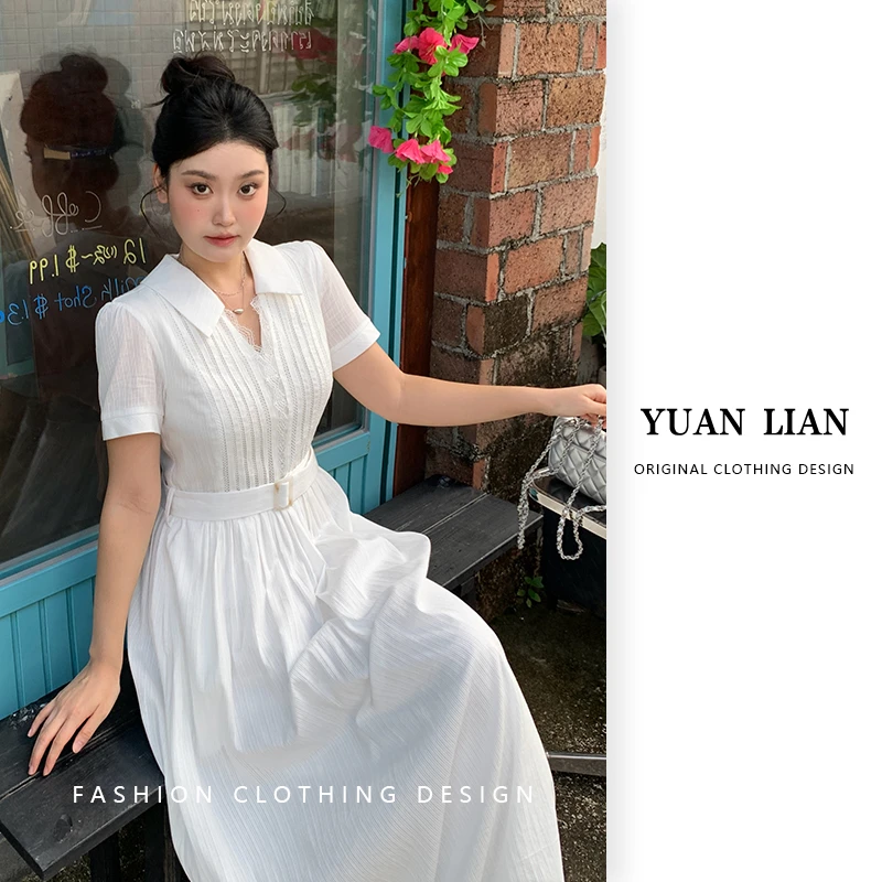 ZOZ糕冷圆脸[茉莉奶白]法式蕾丝边连衣裙夏季收腰显瘦纯欲风裙子