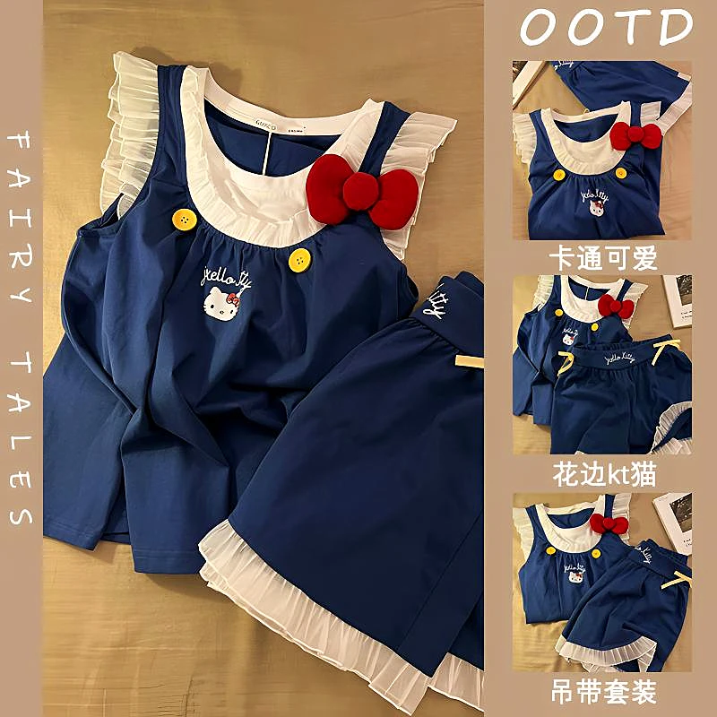 卡通可爱睡衣女夏季新款甜美风kt猫印花可外穿宽松吊带家居服套装