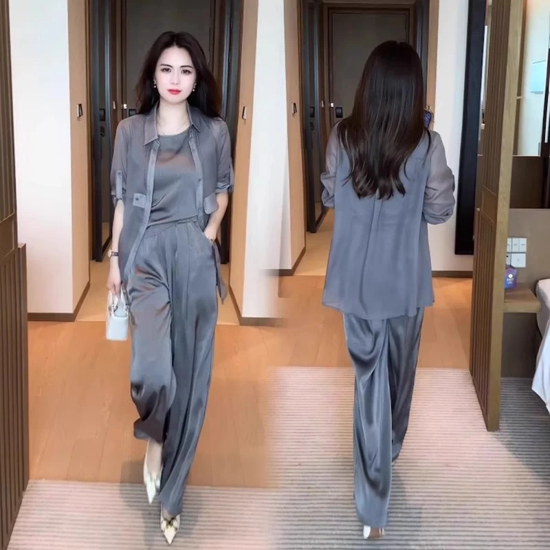 小个子2025夏季新款短袖显瘦气质高腰灰色洋气三件套装女时尚减龄