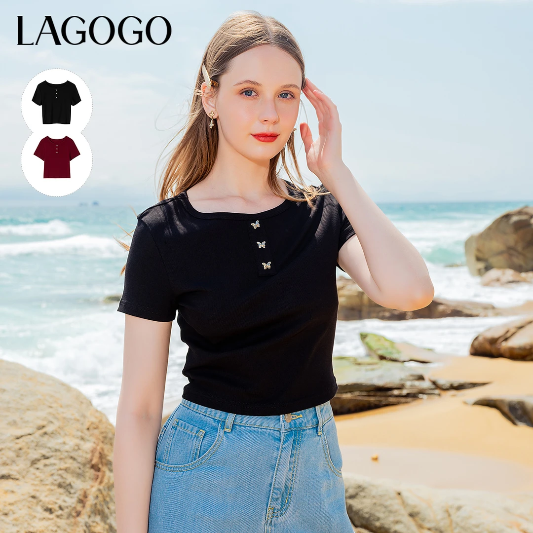 【小云总专享】lagogo拉谷谷新款双色弹力修身显瘦T恤女NATT333G89