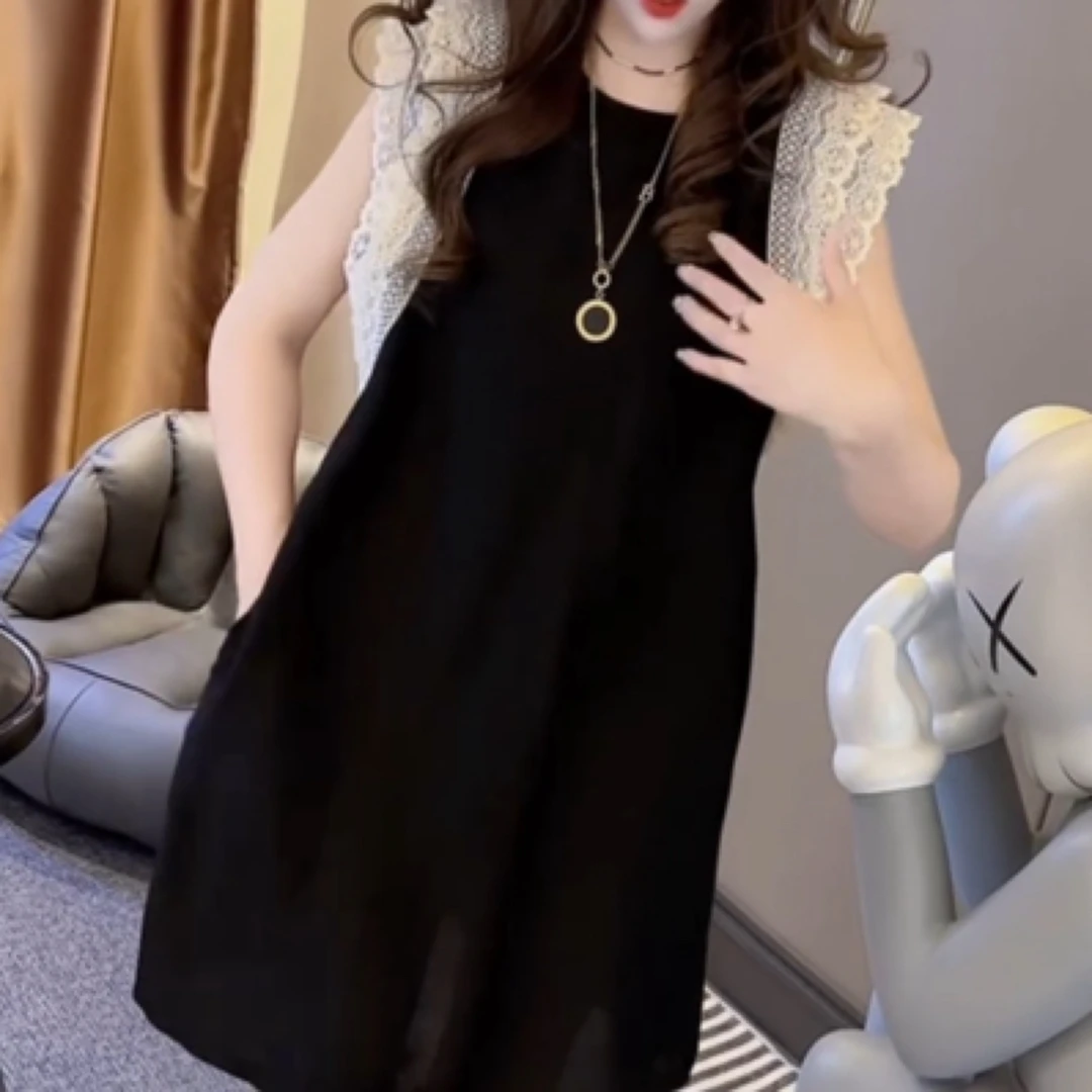 夏季新款麻棉圆领无袖拼接蕾丝边气质百搭显瘦连衣裙经典小黑裙
