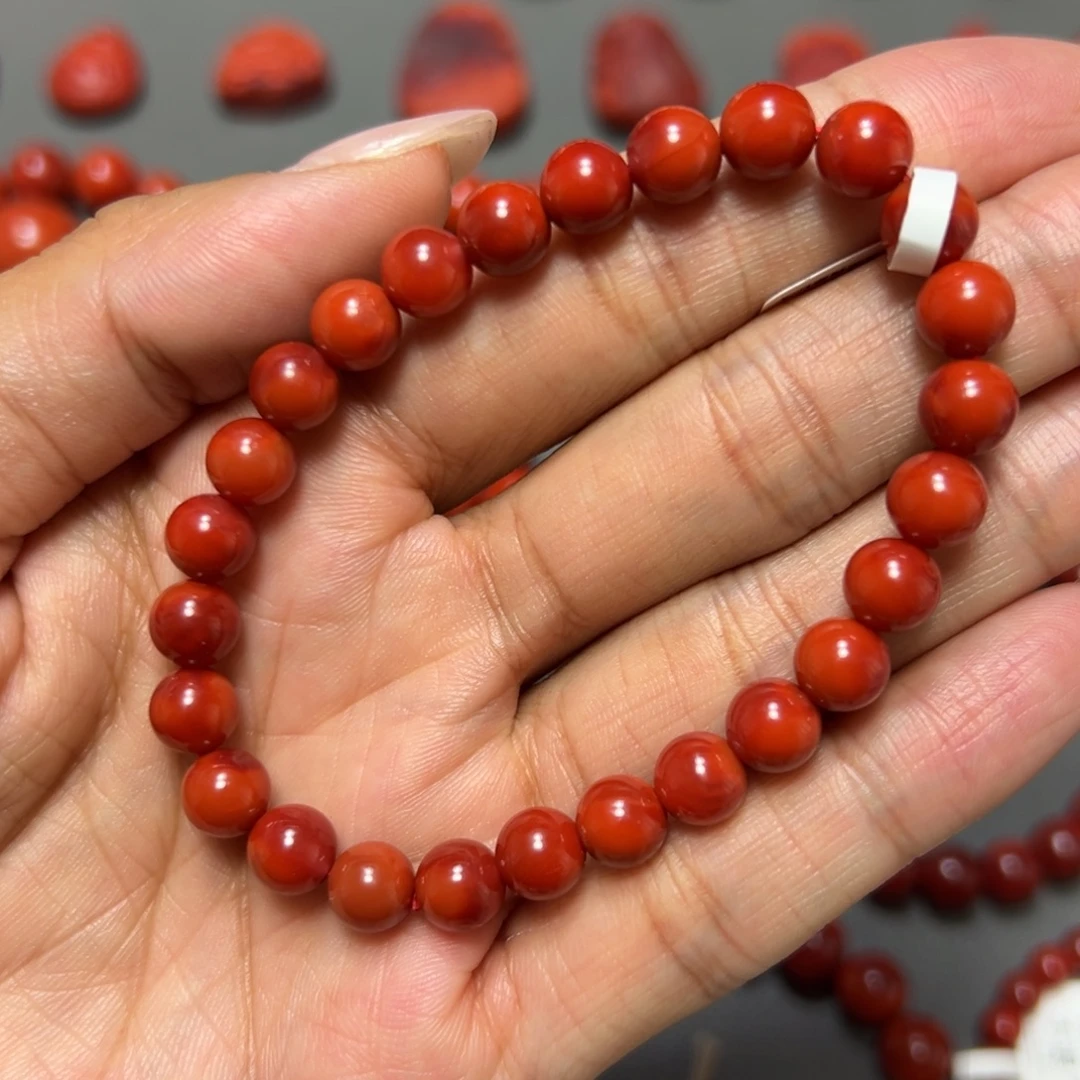 南红玛瑙未镶嵌手串 柿子锦 约7.3mm 满肉