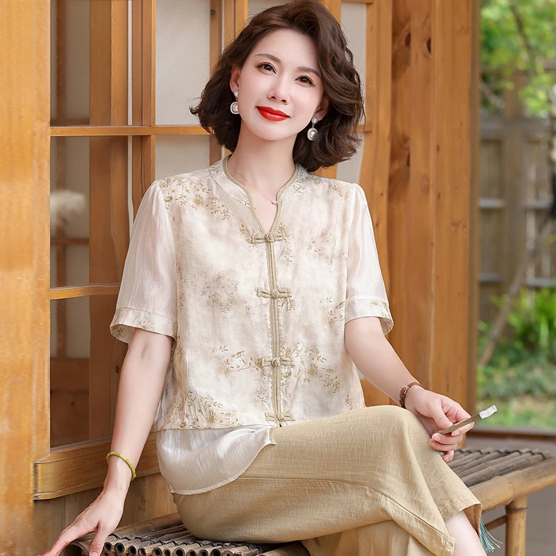 新中式妈妈夏装套装国风棉麻上衣中老年人夏季短袖小衫冰丝衬衫女