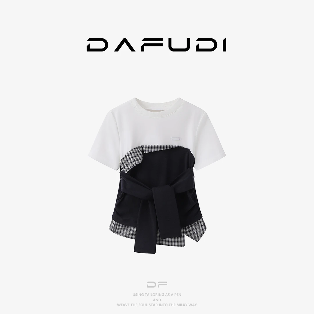 达芙笛【T恤】刘些宁明星同款夏设计师款造型感捆裹假两件T恤N5781