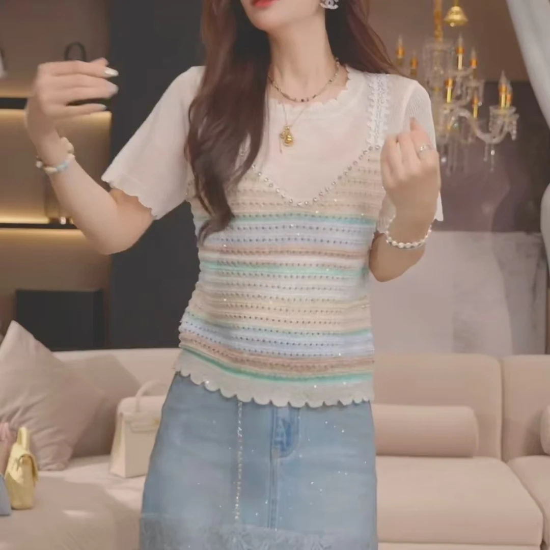 2025夏季钉钻设计感拼色条纹假两件短袖针织衫