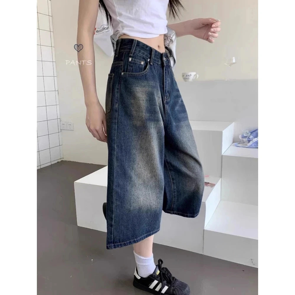 美式复古做旧水洗牛仔裤女2025春季新款设计感阔腿显瘦垂感七分裤