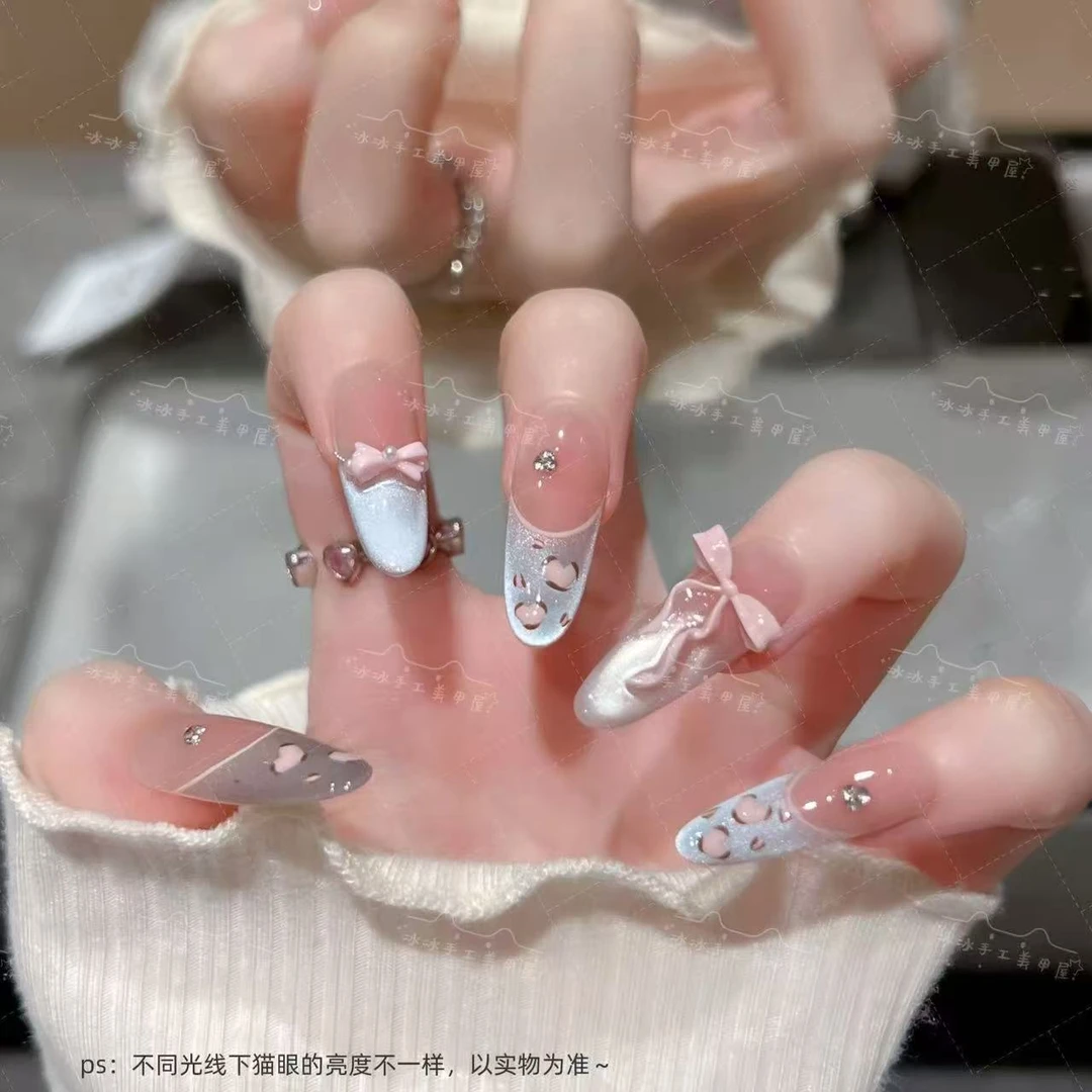 【奶蓝小豹】甜美豹纹海盐法式渐变蝴蝶结手工穿戴甲气质高级