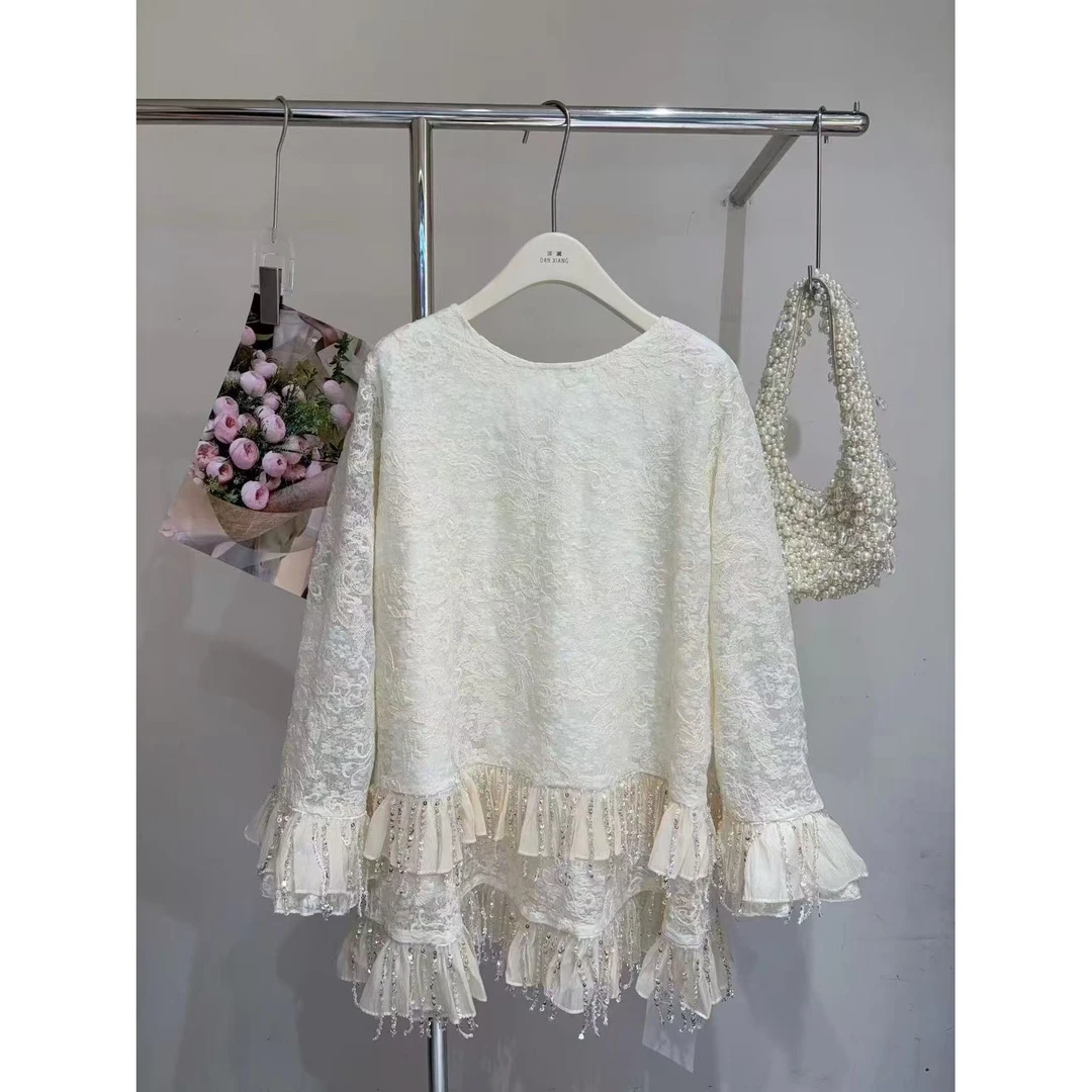 顺子专属大码实拍流苏喇叭袖蕾丝拼接宽松大版长袖显瘦上衣8860