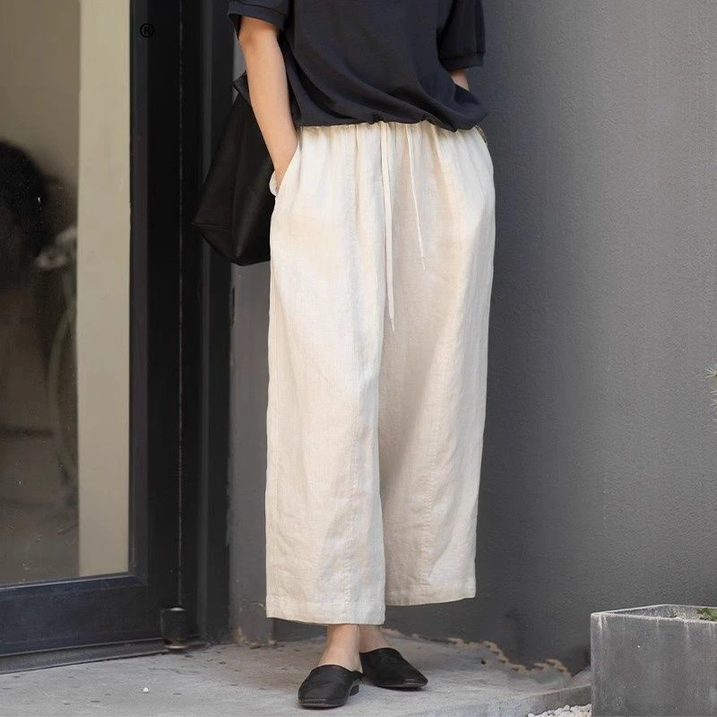 高腰宽松直筒九分休闲裤女2025夏季薄款百搭100%亚麻新款阔腿裤女