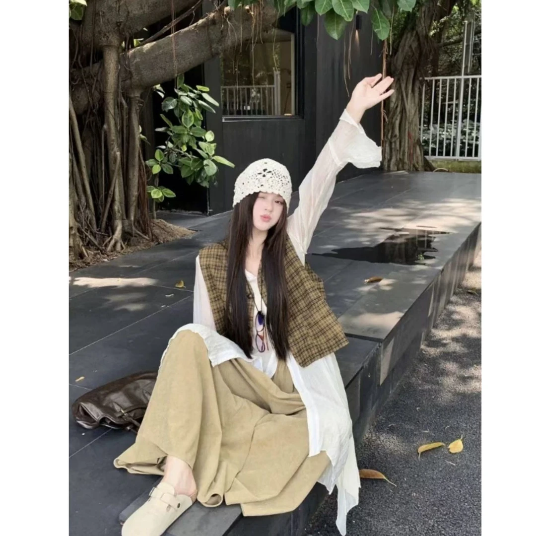 时尚套装女不规则褶皱衬衫叠穿格子马甲上衣早秋宽松休闲裤三件套