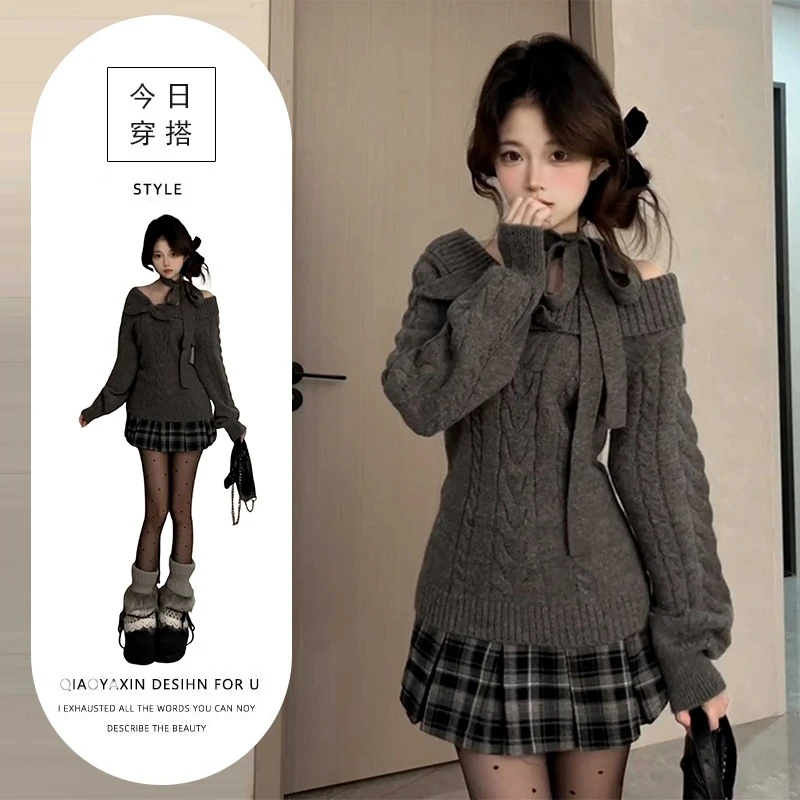 一字肩灰色毛衣针织连衣裙女秋冬2025新款韩系小个子穿搭一整套装