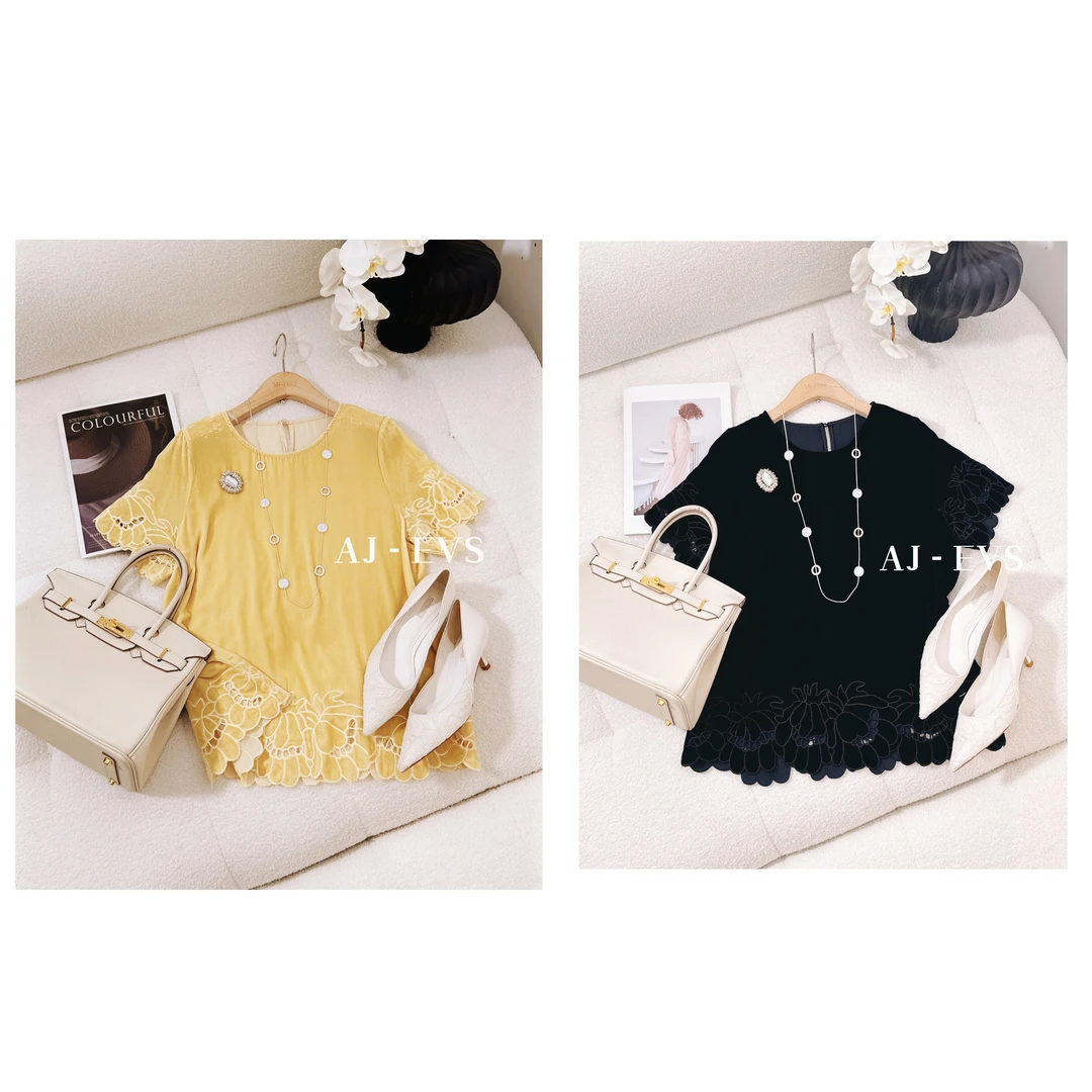 AJ-EVS【气质贵妇·真丝丝绒重工绣花短袖丝绒上衣】